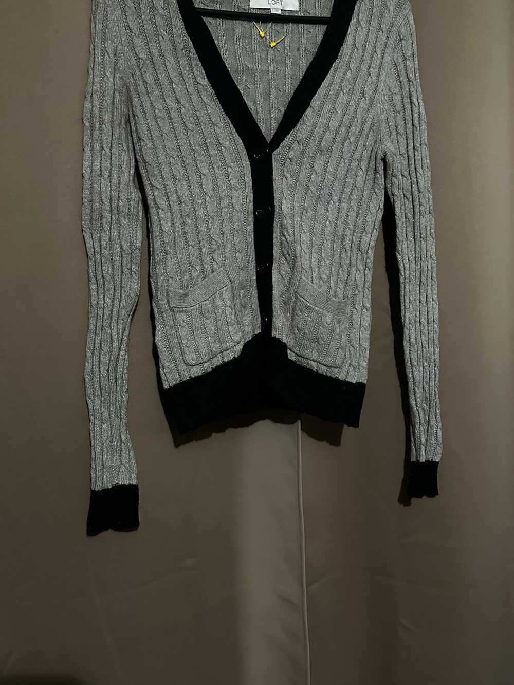 LOFT Gray Cable-Knit Cardigan with Black Trim